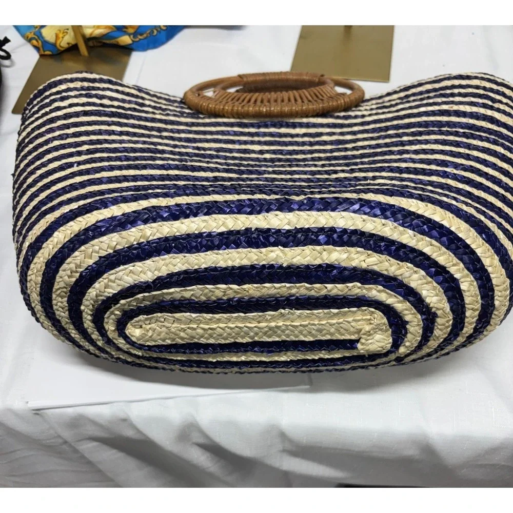 Striped Woven Straw Tote Bag Rattan Circle Handle Navy/Cream Inner Slip Pocket - Picture 4 of 4